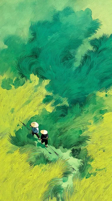 Poster design, top view, two Chinese farmers working in a green wheat field, enesis style, romantic, bright colors, simple style, freehand, art by Zhang Daqian   lcqvf3e