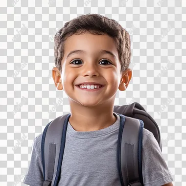 A smiling child wearing a school uniform T-shirt and a school bag on his back, white background