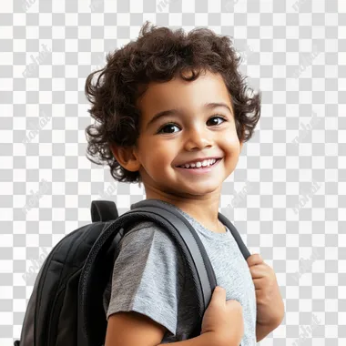 A smiling child wearing a school uniform T-shirt and a school bag on his back, white background