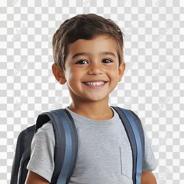 A smiling child wearing a school uniform T-shirt and a school bag on his back, white background