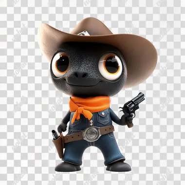 A cute black dinosaur with big eyes, dressed in a denim outfit, wearing a brown cowboy hat and orange scarf, and a pistol, stands on the ground in front of you. The design style is in the style of cartoon characters, reminiscent of Disney Pixar animation, with a pure white background.