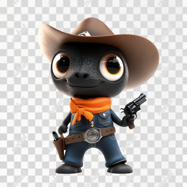 PNG Cute cartoon dinosaur toy in denim with cowboy hat and pistol