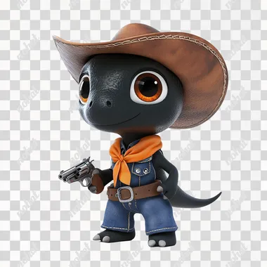 A cute black dinosaur with big eyes, dressed in a denim outfit, wearing a brown cowboy hat and orange scarf, and a pistol, stands on the ground in front of you. The design style is in the style of cartoon characters, reminiscent of Disney Pixar animation, with a pure white background.