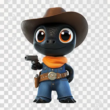 A cute black dinosaur with big eyes, dressed in a denim outfit, wearing a brown cowboy hat and orange scarf, and a pistol, stands on the ground in front of you. The design style is in the style of cartoon characters, reminiscent of Disney Pixar animation, with a pure white background.
