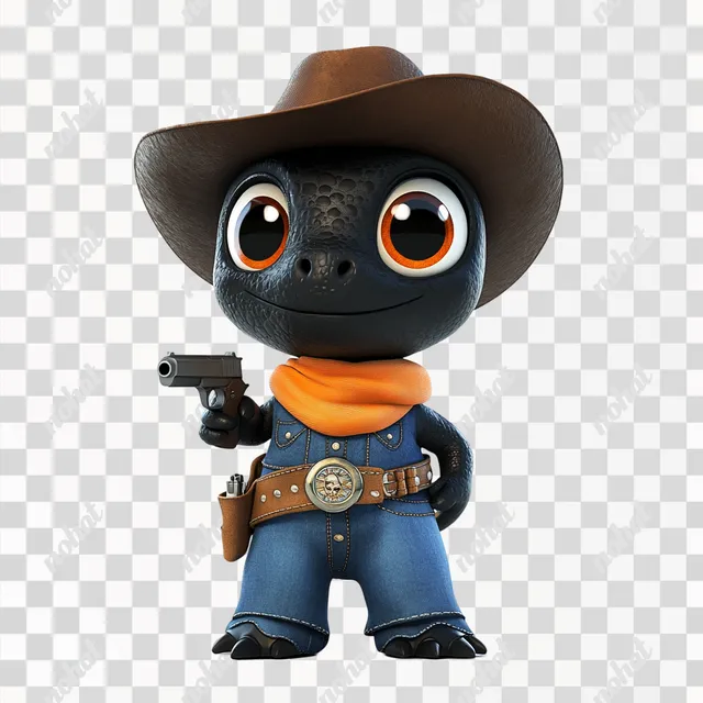 PNG Cute black dinosaur in cowboy hat and scarf, cartoon style design