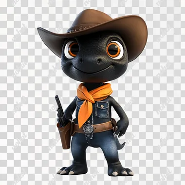 A cute black dinosaur with big eyes, dressed in a denim outfit, wearing a brown cowboy hat and orange scarf, and a pistol, stands on the ground in front of you. The design style is in the style of cartoon characters, reminiscent of Disney Pixar animation, with a pure white background.