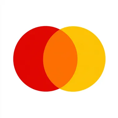 flat vector logo, two circles horizontal layout, two circles intersecting at golden ratio, red circle in the right, yellow circle, orange intersection, white background