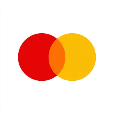 flat vector logo, two circles horizontal layout, two circles intersecting at golden ratio, red circle in the right, yellow circle, orange intersection, white background