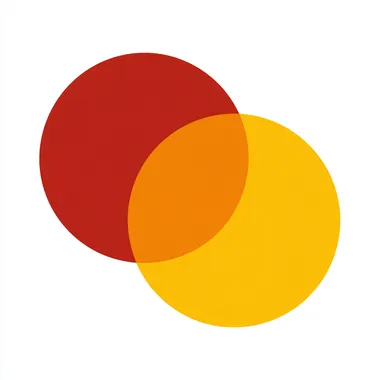 flat vector logo, two circles horizontal layout, two circles intersecting at golden ratio, red circle in the right, yellow circle, orange intersection, white background
