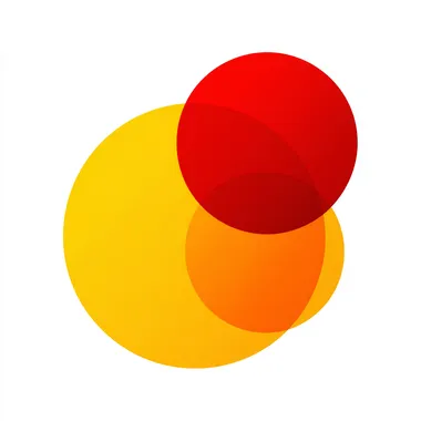 flat vector logo, two circles horizontal layout, two circles intersecting at golden ratio, red circle in the right, yellow circle, orange intersection, white background
