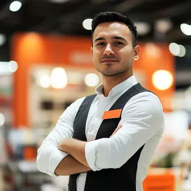 A professional store manager in a modern department store, standing confidently with arms crossed, wearing a name badge and business-casual attire. The background is softly blurred, highlighting the store manager in sharp focus. Large orange signage is visible behind him, reflecting a welcoming retail environment. Warm, natural lighting, high-resolution photography style. In the style of a recruitment ad, capturing a friendly yet authoritative vibe.