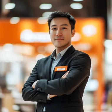 A professional store manager in a modern department store, standing confidently with arms crossed, wearing a name badge and business-casual attire. The background is softly blurred, highlighting the store manager in sharp focus. Large orange signage is visible behind him, reflecting a welcoming retail environment. Warm, natural lighting, high-resolution photography style. In the style of a recruitment ad, capturing a friendly yet authoritative vibe.