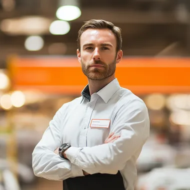 A professional store manager in a modern department store, standing confidently with arms crossed, wearing a name badge and business-casual attire. The background is softly blurred, highlighting the store manager in sharp focus. Large orange signage is visible behind him, reflecting a welcoming retail environment. Warm, natural lighting, high-resolution photography style. In the style of a recruitment ad, capturing a friendly yet authoritative vibe.