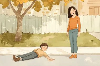 A wholesome children's book illustration in pastel colors, depicting a young boy who has fallen on the sidewalk and scraped his knee. His mother is standing nearby, watching with a slightly perplexed expression  --s 50