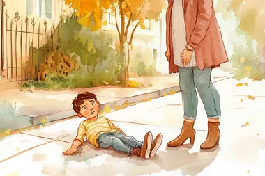 A wholesome children's book illustration in pastel colors, depicting a young boy who has fallen on the sidewalk and scraped his knee. His mother is standing nearby, watching with a slightly perplexed expression  --s 50