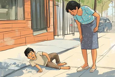 A wholesome children's book illustration in pastel colors, depicting a young boy who has fallen on the sidewalk and scraped his knee. His mother is standing nearby, watching with a slightly perplexed expression  --s 50