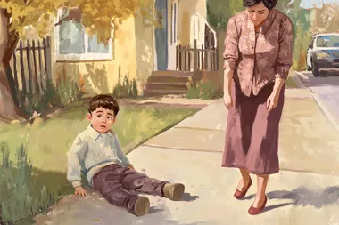 A wholesome children's book illustration in pastel colors, depicting a young boy who has fallen on the sidewalk and scraped his knee. His mother is standing nearby, watching with a slightly perplexed expression  --s 50
