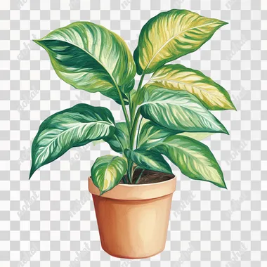 Cross section of a potted plant with lush, vibrant leaves, white background