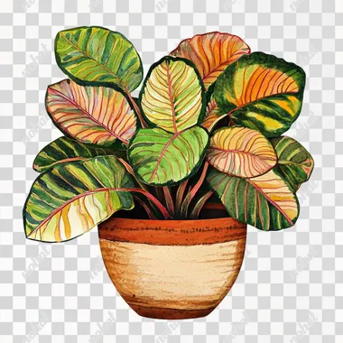 Cross section of a potted plant with lush, vibrant leaves, white background