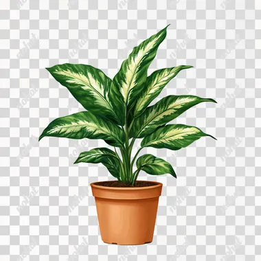 Cross section of a potted plant with lush, vibrant leaves, white background