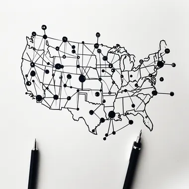 hand drawn illustration, simple illustration of a wide are network (WAN) showing the usa continental shape surrounded by connected decives like computers phones and laptops, LAN, black pen on white paper, black bold lines, minimalistic