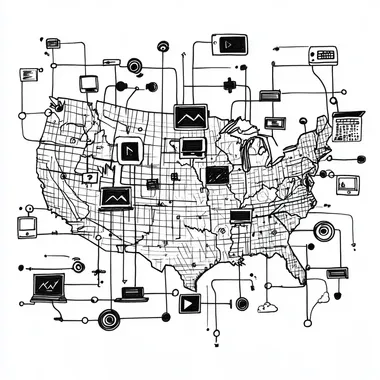 hand drawn illustration, simple illustration of a wide are network (WAN) showing the usa continental shape surrounded by connected decives like computers phones and laptops, LAN, black pen on white paper, black bold lines, minimalistic