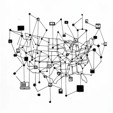 hand drawn illustration, simple illustration of a wide are network (WAN) showing the usa continental shape surrounded by connected decives like computers phones and laptops, LAN, black pen on white paper, black bold lines, minimalistic