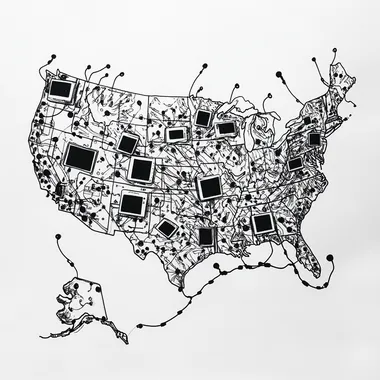 hand drawn illustration, simple illustration of a wide are network (WAN) showing the usa continental shape surrounded by connected decives like computers phones and laptops, LAN, black pen on white paper, black bold lines, minimalistic