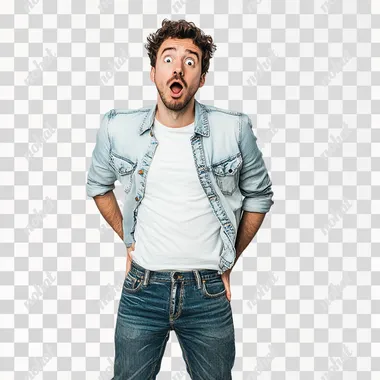 man wearing high jeans, shocked face, white background, portrait wide shot, realistic, daylight light,hands in pocket