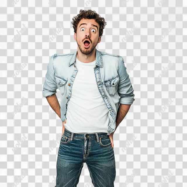 PNG Surprised man in high jeans with hands in pockets, daylight portrait