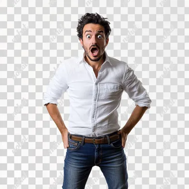 man wearing high jeans, shocked face, white background, portrait wide shot, realistic, daylight light,hands in pocket