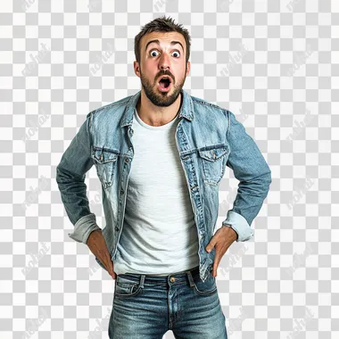 man wearing high jeans, shocked face, white background, portrait wide shot, realistic, daylight light,hands in pocket