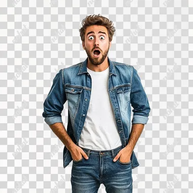 man wearing high jeans, shocked face, white background, portrait wide shot, realistic, daylight light,hands in pocket