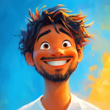 A very happy person with a happy smile on his face, a big smile, a whole person full of energy, looking at the characters head-on, blue color palette, warm background, sunshine, rich details, Pixar   --s 250