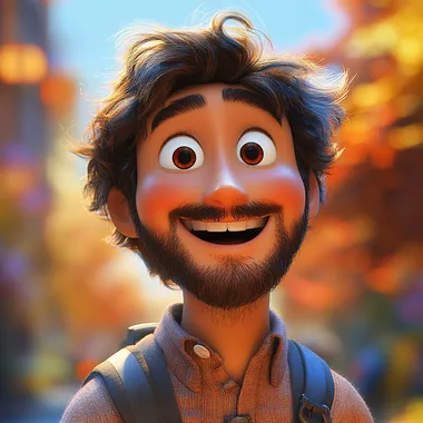 A very happy person with a happy smile on his face, a big smile, a whole person full of energy, looking at the characters head-on, blue color palette, warm background, sunshine, rich details, Pixar   --s 250