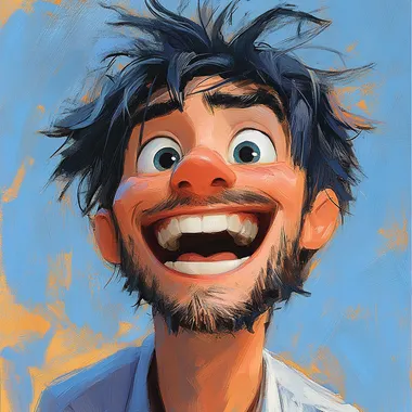 A very happy person with a happy smile on his face, a big smile, a whole person full of energy, looking at the characters head-on, blue color palette, warm background, sunshine, rich details, Pixar   --s 250