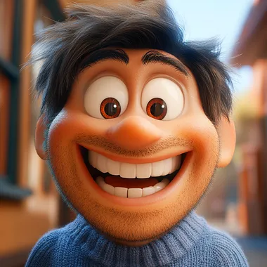 A very happy person with a happy smile on his face, a big smile, a whole person full of energy, looking at the characters head-on, blue color palette, warm background, sunshine, rich details, Pixar   --s 250