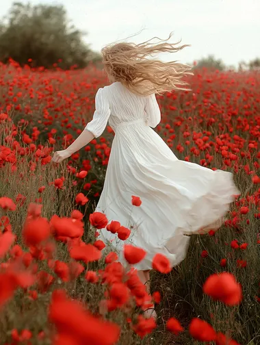 Retro movie style film photography,Slow shutter photography motion blur,A woman in a white dress ran through a field of red flowers,