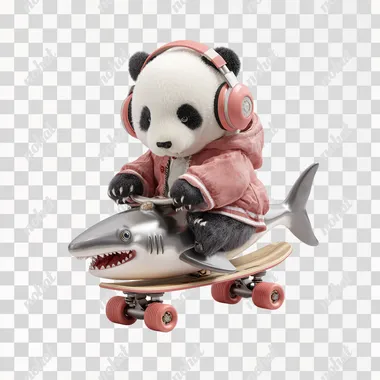 A cool and cute panda doll with colorful headphones hanging around its neck, riding a shark shaped road racing skateboard, wearing a rose red jacket and a white background