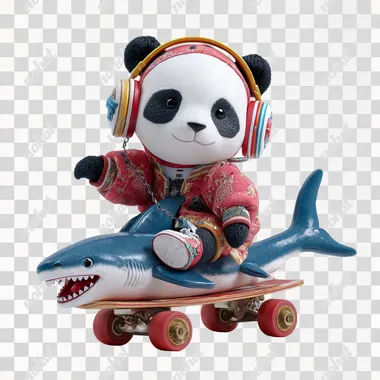 A cool and cute panda doll with colorful headphones hanging around its neck, riding a shark shaped road racing skateboard, wearing a rose red jacket and a white background