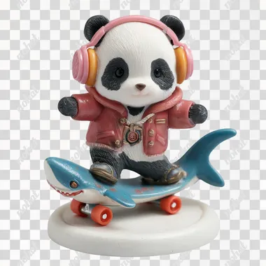 A cool and cute panda doll with colorful headphones hanging around its neck, riding a shark shaped road racing skateboard, wearing a rose red jacket and a white background