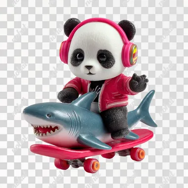 A cool and cute panda doll with colorful headphones hanging around its neck, riding a shark shaped road racing skateboard, wearing a rose red jacket and a white background