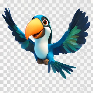 a blue toucan named tucano, white chest and blue and green wings, orange eyelids, flying and looking forward. in the style of Pixar and Disney cartoons