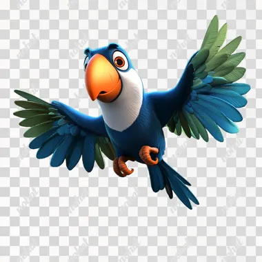a blue toucan named tucano, white chest and blue and green wings, orange eyelids, flying and looking forward. in the style of Pixar and Disney cartoons