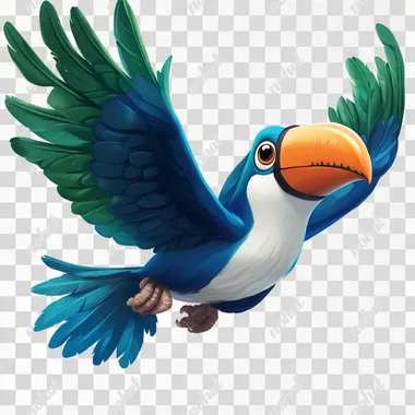 a blue toucan named tucano, white chest and blue and green wings, orange eyelids, flying and looking forward. in the style of Pixar and Disney cartoons