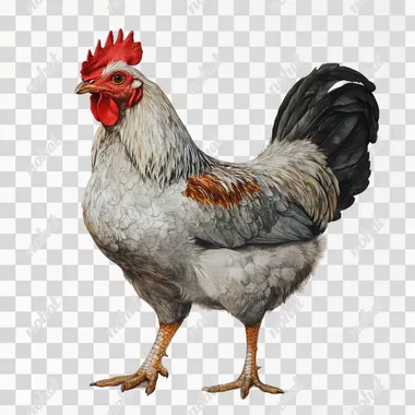 squatting chicken, white background