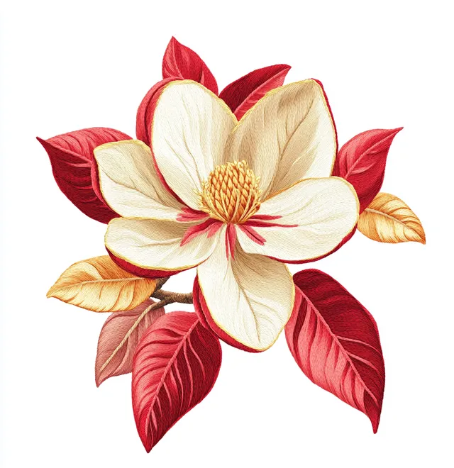 Red and Gold Embroidery Style Magnolia Flower