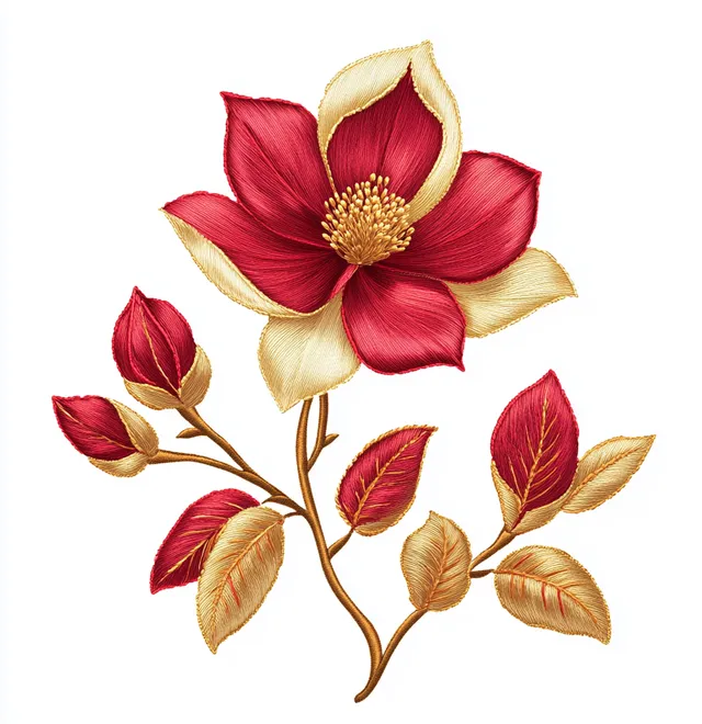 Elegant Red and Gold Magnolias on White Background