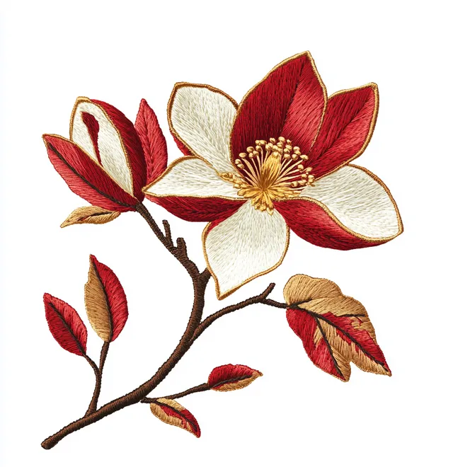 Elegant Red and Gold Embroidered Magnolia Flower