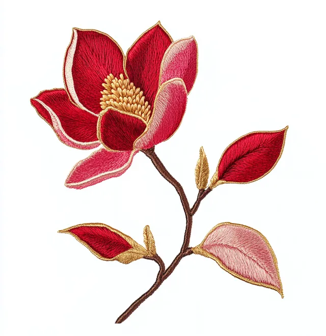 Red and Gold Embroidered Magnolia Flower